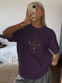 DAZY 幸运星与月亮图案宽松圆领短袖T恤女款超大T恤