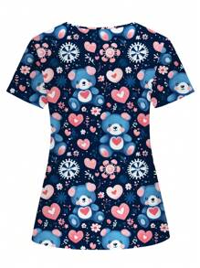 PopScrub 情人节心形卡通熊护士制服上衣，女式短袖手术服 T 恤 - 藏蓝色 - 查看 4