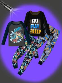 SHEIN Kleine Jungen Minimalistischer Dinosaurier & Gaming Grafikdruck Eng anliegendes 4 Stücke Pyjama Set