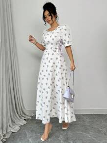 Modelyn Đầm thường ngày cổ tròn tay ngắn in hoa toàn thân có dây rút eo cho nữ - Màu tím - Xem 5