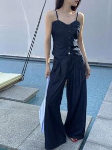 DAZY Bộ đồ liền thân quần jeans ống rộng dây đinh tán màu trơn dành cho nữ - Rửa tối - Xem 4