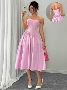 SHEIN PETITE Robe de soirée rose mi-longue évasée à la taille pour femmes, élégante et polyvalente sans manches - Rose bonbon - Voir 1