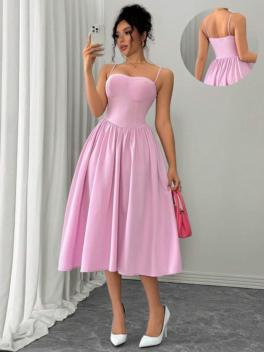 SHEIN PETITE Robe de soirée rose mi-longue évasée à la taille pour femmes, élégante et polyvalente sans manches - Rose bonbon - Voir 1