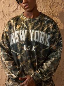 Forever 21 Herren lässiger minimalistischer Sweatshirt mit New York Buchstaben- und Baumzweig Tarnmuster, weiter Ausschnitt - Verschiedenfarbig - Übersicht 3