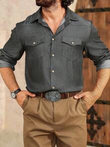 Manfinity Homme Herren Herbst Einfachknopf Lässig Pockets Langarm Hemd