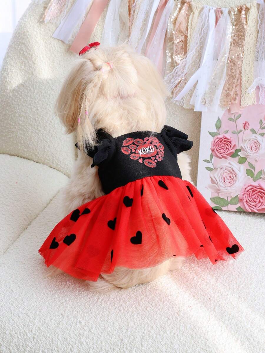 PETSIN 1pc Cute Heart Print & Mesh Contrast Dog Dress, Black With Red Heart, Suitable For Pet Valentine's Day