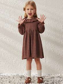 Blossori Robe à col volant ample et élégant à carreaux tissée, pour jeune fille. Automne & Hiver - Tabac - Voir 1