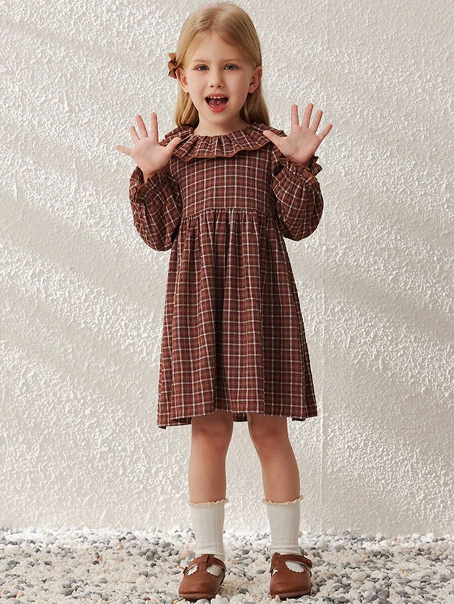 Blossori Robe à col volant ample et élégant à carreaux tissée, pour jeune fille. Automne & Hiver - Tabac - Voir 1