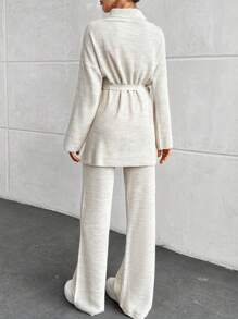 EURMUSE High Collar Belted Woolen Two Pieces Suit - Beige - View 2