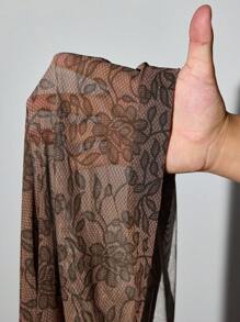 SHEIN ICON Women's Plus Size Semi-Sheer Knitted Fabric Extra Long Leggings In Black With Floral Details For Casual Style