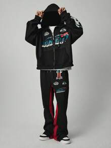 ROMWE MEN Street Life Men's Letter Print Zipper Hoodie And Sweatpants Set - Black - View 1