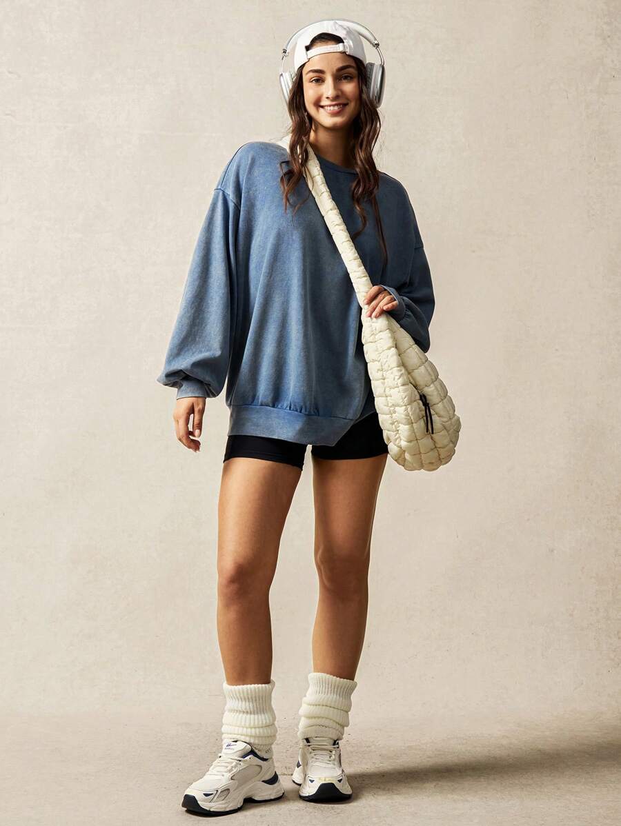 VARSITIE Crew Neck Long Sleeve Washed Blue Relaxed Casual Sweatshirt - Blue - View 1