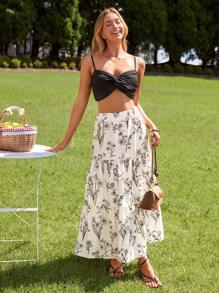 SHEIN VCAY Resort Style High Waist Loose Fit Botanical Printed Multi-Layered Ruffled Ruffle Hem Women Skirts - Black and White - View 2