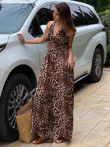 DAZY Leopard Print Halter Jumpsuit With Drawstring Bowknot , Bohemian Style For Women, Spring/Summer Vacation Cheetah Print Women Rompers - Brown - View 4