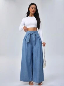 SHEIN Tall Women's Jeans Casual Vacation Loose Wide-Leg Pants Blue Tall Women's Loose Jeans New Years Baggy Jeans Valentine's Day Summer Women - Medium Wash - View 3