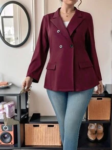 Calvaya 大码女式复古时尚酒红色西装外套 - 酒紅色 - 查看 5