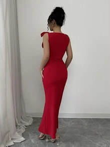 Rafferiza Elegant Red Dress For Women With Shoulder Bowknot Up, Fitted Waist, Ruched Fishtail Hem
