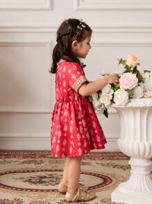 Baby Girl Infant Toddler 0-3Y Spring Summer New Luxe Vintage Palace Style Golden Polka Dot & Lace V-Neck Short Sleeve Red Dress - Red - View 5