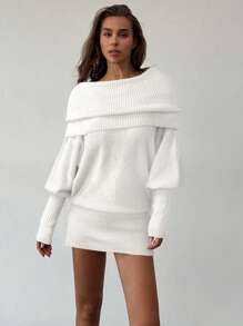 Aloruh Versatile Y2K Style Pullover Sweater Dress, Gray, Vintage American Casual Commuter, Loose Top & Tight Bottom, Long Sleeves Off Shoulder Multiple Wearing Ways, Suitable For Young Adults