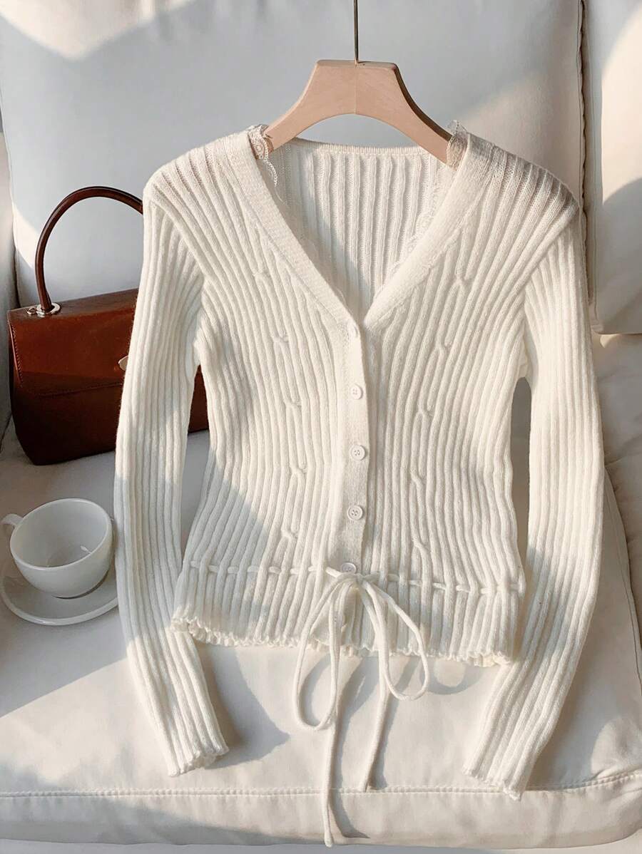 SHEIN EZwear Women's Casual Solid Color Drawstring Waist Cardigan, Autumn - White - View 1
