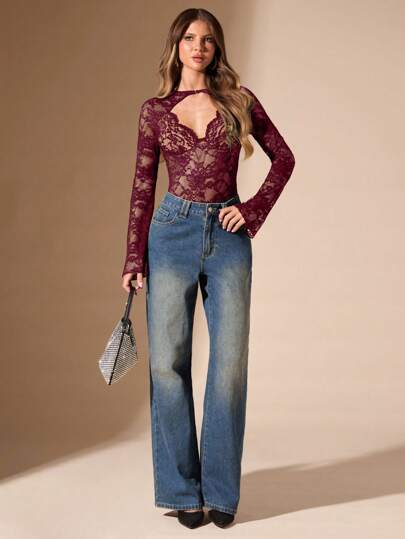 SHEIN BAE Body de una sola pieza de color negro sólido, sexy, minimalista y elegante con cuello cuadrado, manga larga y decoración de encaje y metal transparente, adecuado para cóctel, cita romántica, camiseta interior de otoño/invierno, fiesta, evento formal, salida nocturna, invitado de boda, Halloween, Navidad