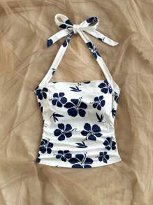 Soleia Bohemian ,Boho, Floral ,Vacation, Floral 4th Of July Tops Vacation Tops Beaded Top Peplum Top Party Tops Cami Top Camisole Top 4th Of July Women Crop Tops For Women Vacation Elegant Knitted Stretchy Printed Halter-Neck Tie Bow Short Blouse For Women,Summer For Women,St Patrick Day, St Patrick Day,Party