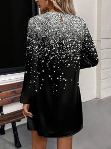 SHEIN LUNE Casual Shiny Graphic Round Neck Long Sleeve Short Dress For Women, Suitable For Spring And Autumn