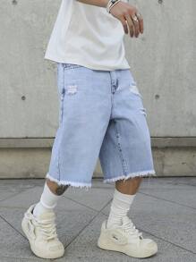 Manfinity EMRG Men's Mid Blue Vintage Washed Distressed Ripped Street Style Loose Denim Shorts Jorts Going Out Hang Out Commute Vacation Street