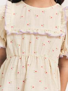 THE HAPPY LOOK Young Girls' Polka Dot Pattern Woven Fabric Round Neck Ruffle Trim Puff Sleeve Gathered Waist Flared Hem Color Block Dresses, Pastoral Style