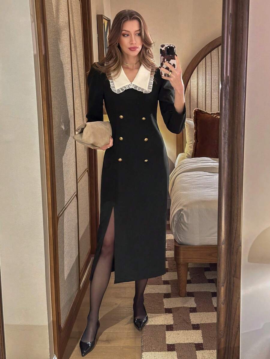 Pariaura 女士优雅修身连衣裙，黑色，长袖，领口花卉蕾丝花边，金色纽扣装饰，弹性舒适面料，春/秋 - 黑色 - 查看 1