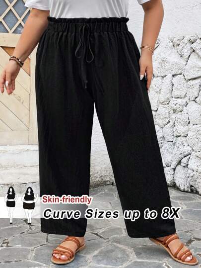 SHEIN CURVE+ Pantalones de cintura de bolsa de papel con nudo delantero, estilo bohemio para vacaciones