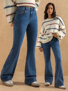 Forever 21 Pantalon en jean évasé stretch de couleur unie, polyvalent et décontracté