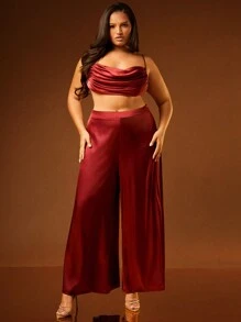 Hauture Summer Women Outfit, Women Clothes, Women Plus Size Burgundy Satin Solid Color Loose Simple Design Long Wide Pants, Casual Daily Wear, Women Pants, Wide Leg Pants. For Date Night, Concerts, Performances, Parties, Clubs, Evening, Music Festivals
