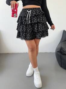 Flirla Plus Size Women's Cute Ruffle Trim Cake Skirt With Butterfly Print And Bow Decor