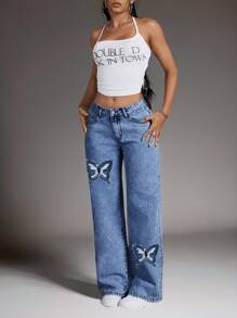 SHEIN EZwear Quần Jeans Ống Thẳng Cạp Thấp In Họa Tiết Bướm - Rửa tối - Xem 4