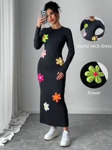 Chiquease 全新 3D 花朵装饰黑色圆领长袖女式连衣裙