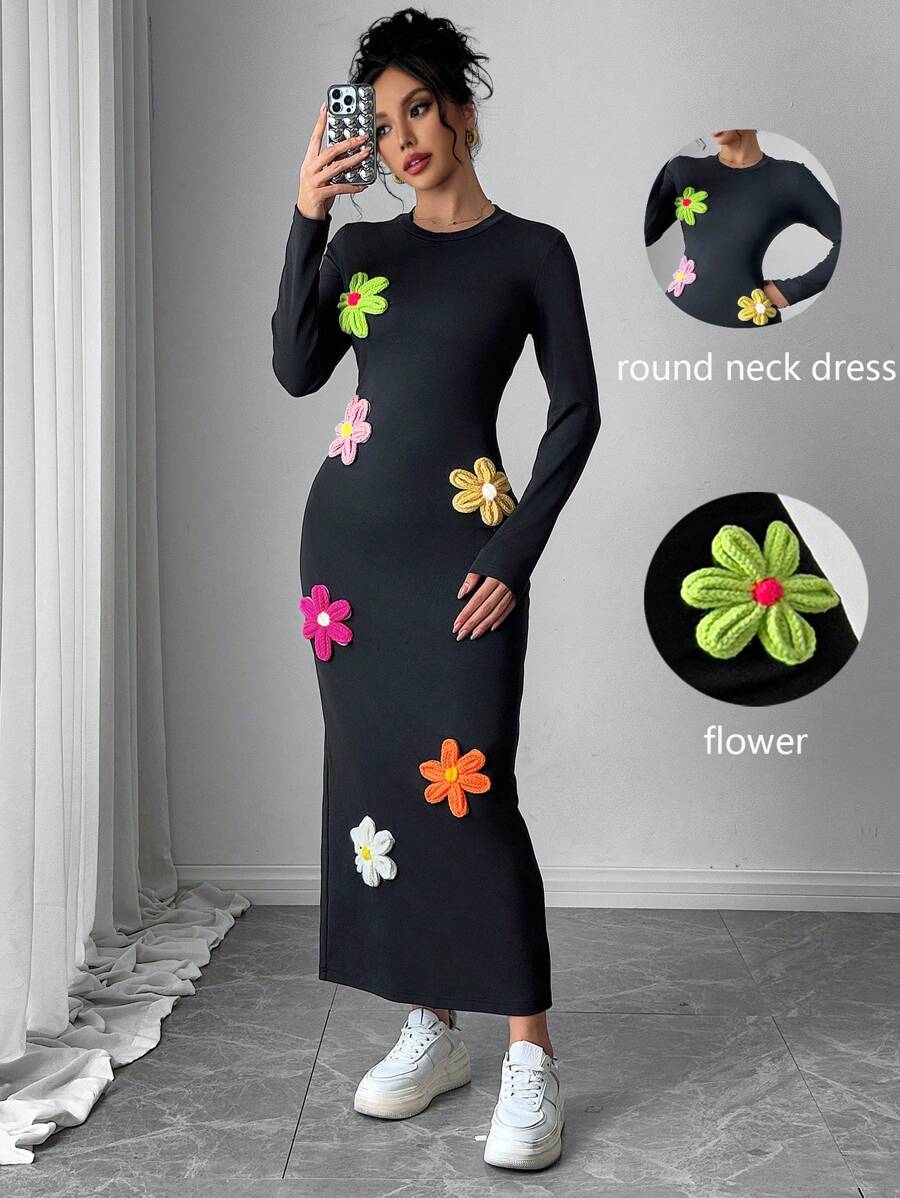 Chiquease 全新 3D 花朵装饰黑色圆领长袖女式连衣裙