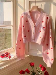 Comfortcana Plus Size Plus Size Heart Pattern Casual Cardigan, Autumn/Winter - Pink - View 3