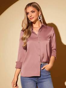 SHEIN Amorya Women's Elegant Solid Color Acetate Satin Button Front Long Sleeve Shirt Summer Elegant Blouses For Ladies - Pink - View 3