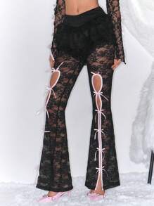 ROMWE J-Fashion 女士性感蕾丝透视蝴蝶结装饰喇叭裤 - 黑色 - 查看 6