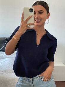 Livesso 女士修身纯色 Polo 领拉链短袖针织上衣，休闲，秋装，返校服 - 藏蓝色 - 查看 7