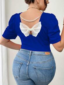 Elenzga 大码女式夏季蝴蝶结装饰短款泡泡袖修身圆领 T 恤新年衣服图案 T 恤女式上衣 - 寶藍色 - 查看 4