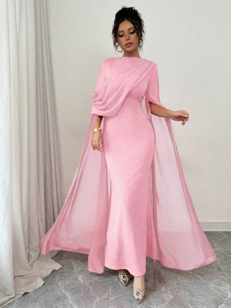 Rafferiza French Elegant Gathered Waist Party Bodycon Asymmetrical Shoulder Ruched Sheer Long Sleeve Slit Formal Knitted Stretch Red Dress, Long Mermaid Dress For Autumn/Winter Fall Cloth For Women - Pink - View 3
