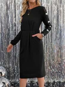 EMERY ROSE 女士圆领长袖亮片拼接优雅中长连衣裙 - 黑色 - 查看 7