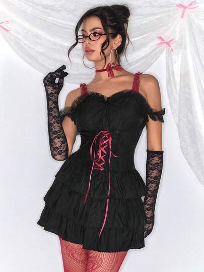 Women's Vintage Romantic Elegant Valentine's Day Kawaii Sexy Solid Lace Up Ruffle Hem 2 In 1 Mini Dress