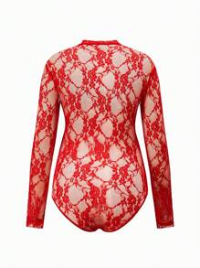SHEIN Body de manga larga con cuello redondo y encaje rojo para embarazadas, traje ajustado apto para sesión de fotos