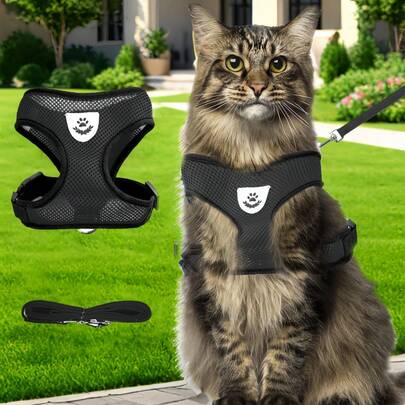 Escape Proof Cat Harness & Leash Set - Reflective Adjustable Soft Mesh Vest, Breathable Anti-Escape Harness For Cats, Kittens, Rabbits (Black)