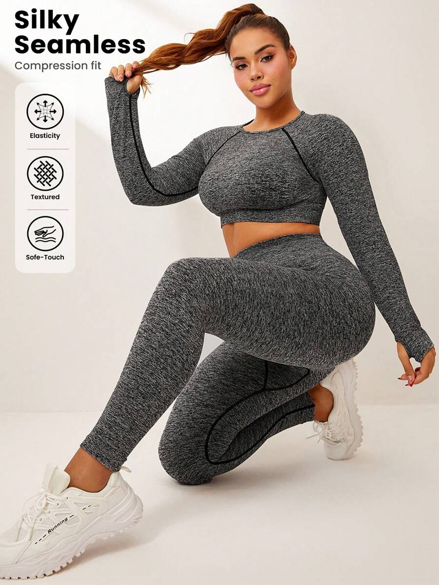Easithlete Women Plus Size Seamless Athletic Long Sleeve Top And Leggings Set, For Winter - Grey - View 1