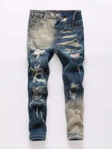 Young Boy Versatile Casual Elastic Denim Jeans, With Ripped Fray Acid Wash - Dark Wash - View 3