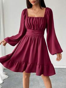 SHEIN PETITE Women's Ruched Ruffle Hem Waist Burgundy Dress Fall Cloth For Women - Red - View 3